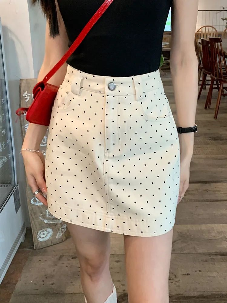 Polka-dot Denim Skirt For Women