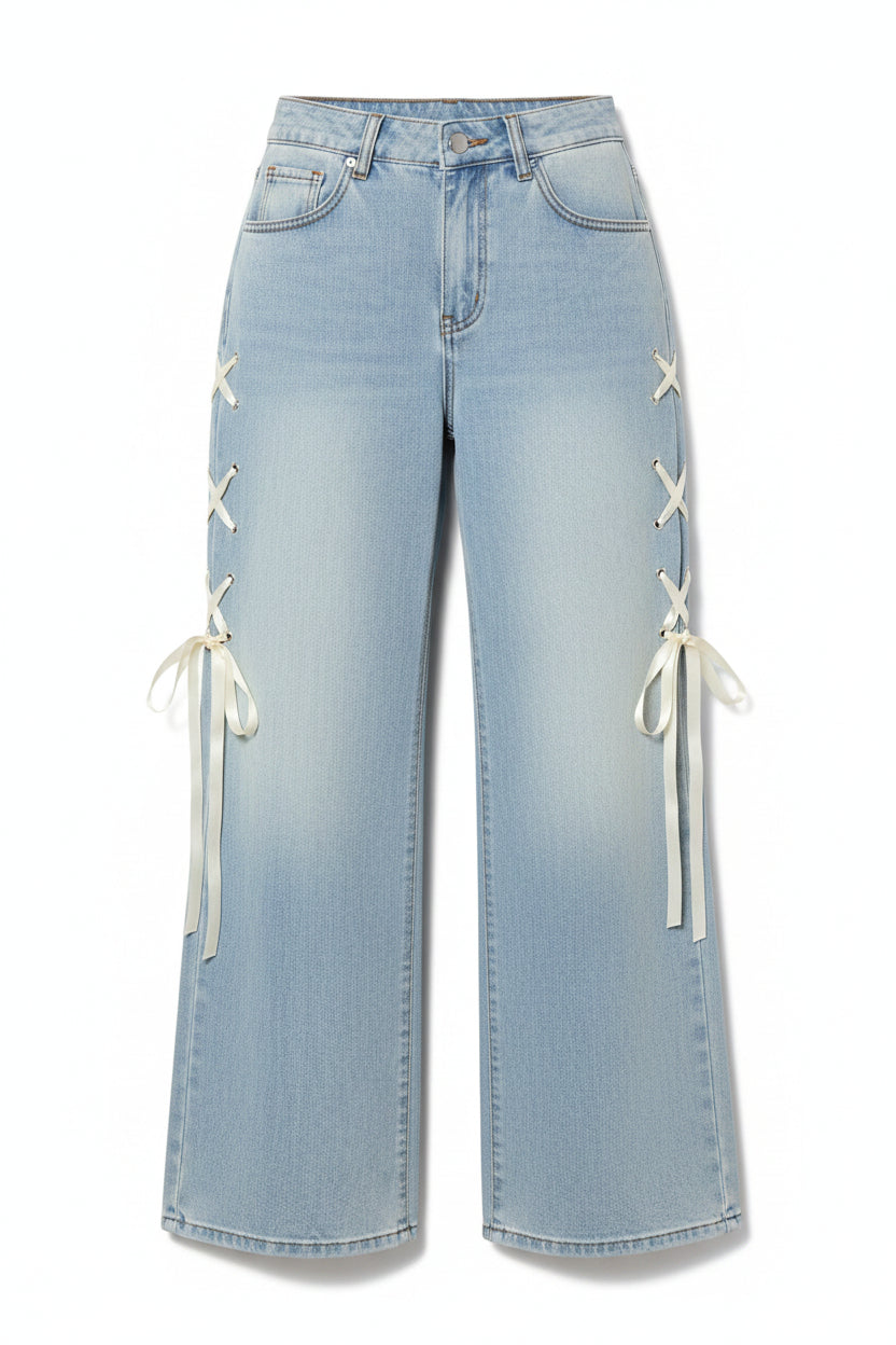 Vide Straight-jeans med Sløyfe – Høy Midje