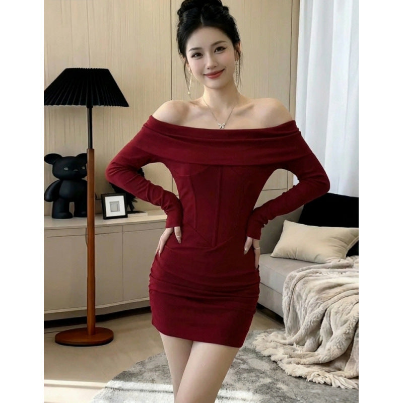 Off-shoulder Long-sleeve Womens Spring Slim-fit Dress