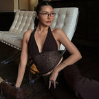 Women's Lace-spliced Deep V-neck Halter Top