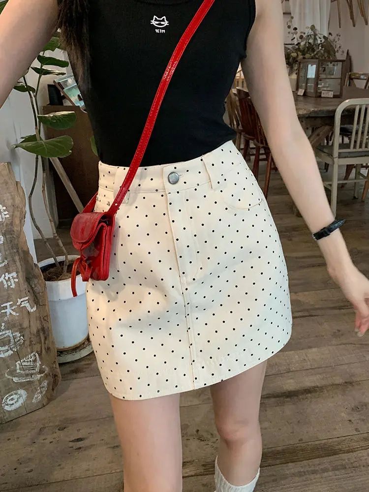 Polka-dot Denim Skirt For Women