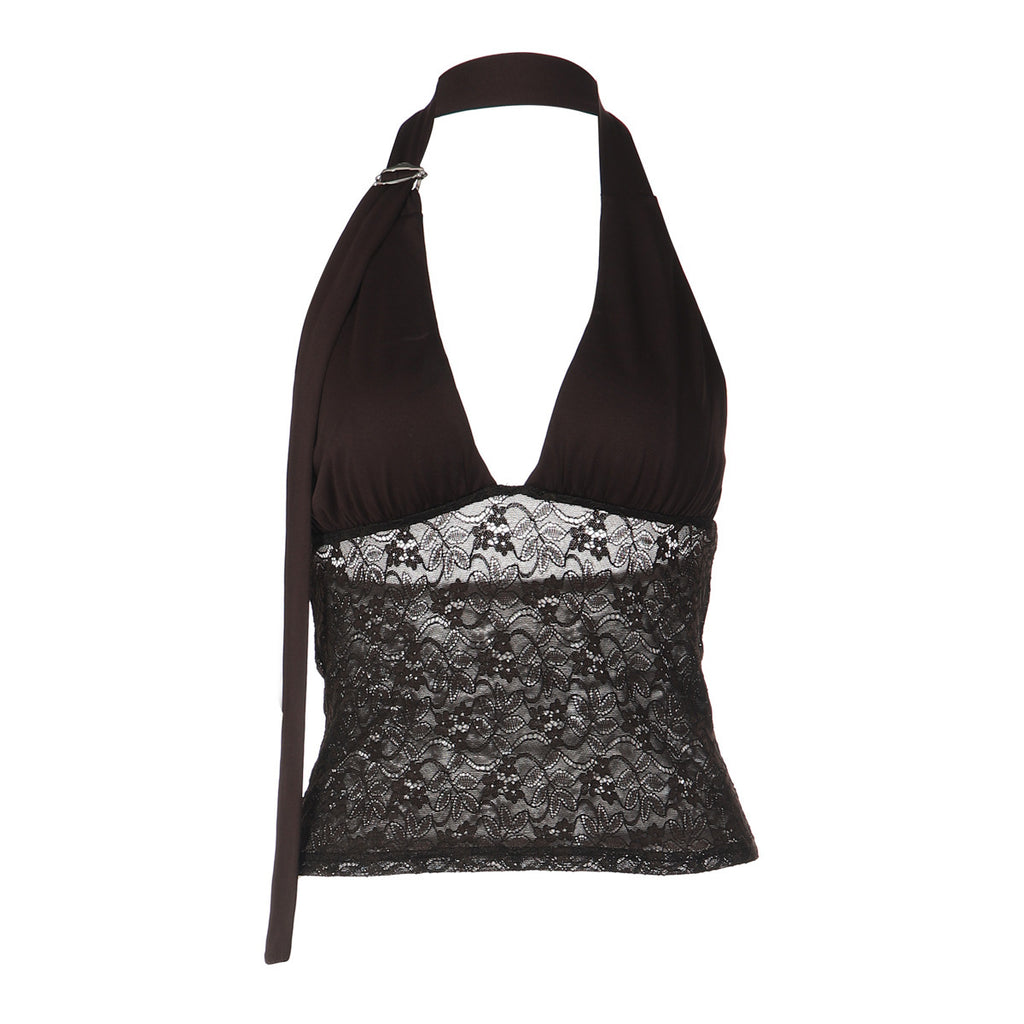 Women's Lace-spliced Deep V-neck Halter Top