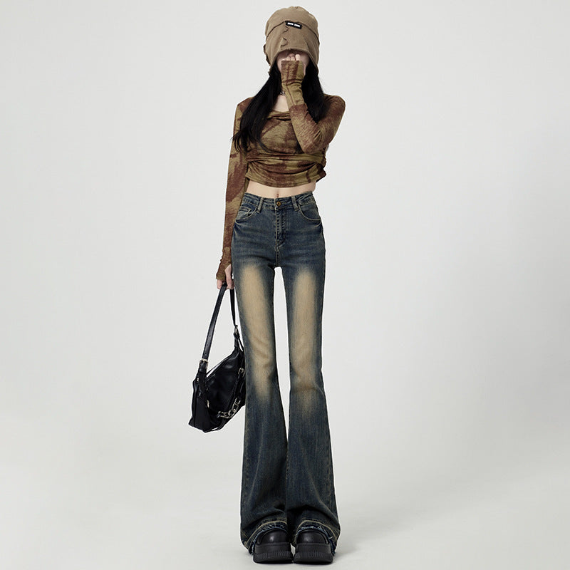 Retro Washed High-Waist Flared Jeans For Women