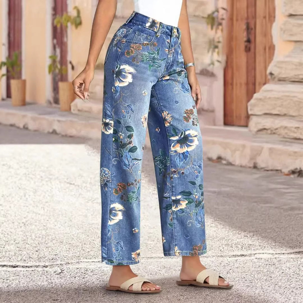 Vide Straight-jeans med Retro Print
