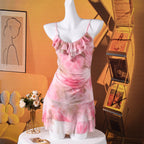 Womens Ruffle-Trimmed Pleated Adjustable-Strap Sexy Mesh Dress