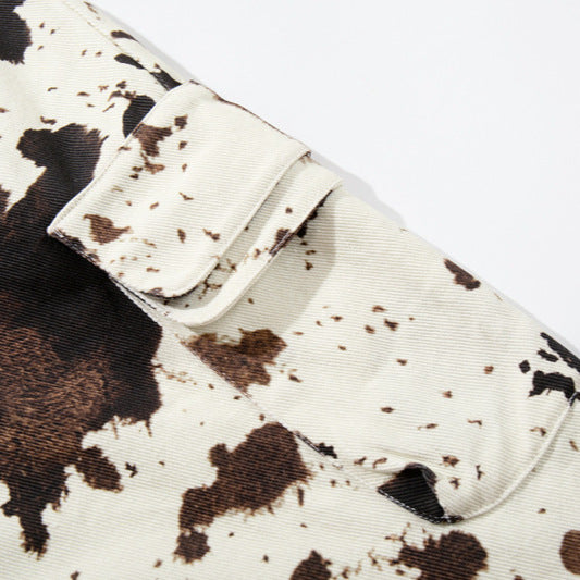 American-style Retro Cow-Motif Multi-Pocket Workshorts For Women