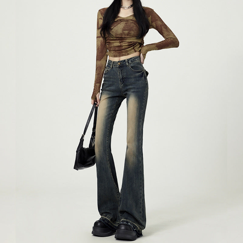 Retro Washed High-Waist Flared Jeans For Women