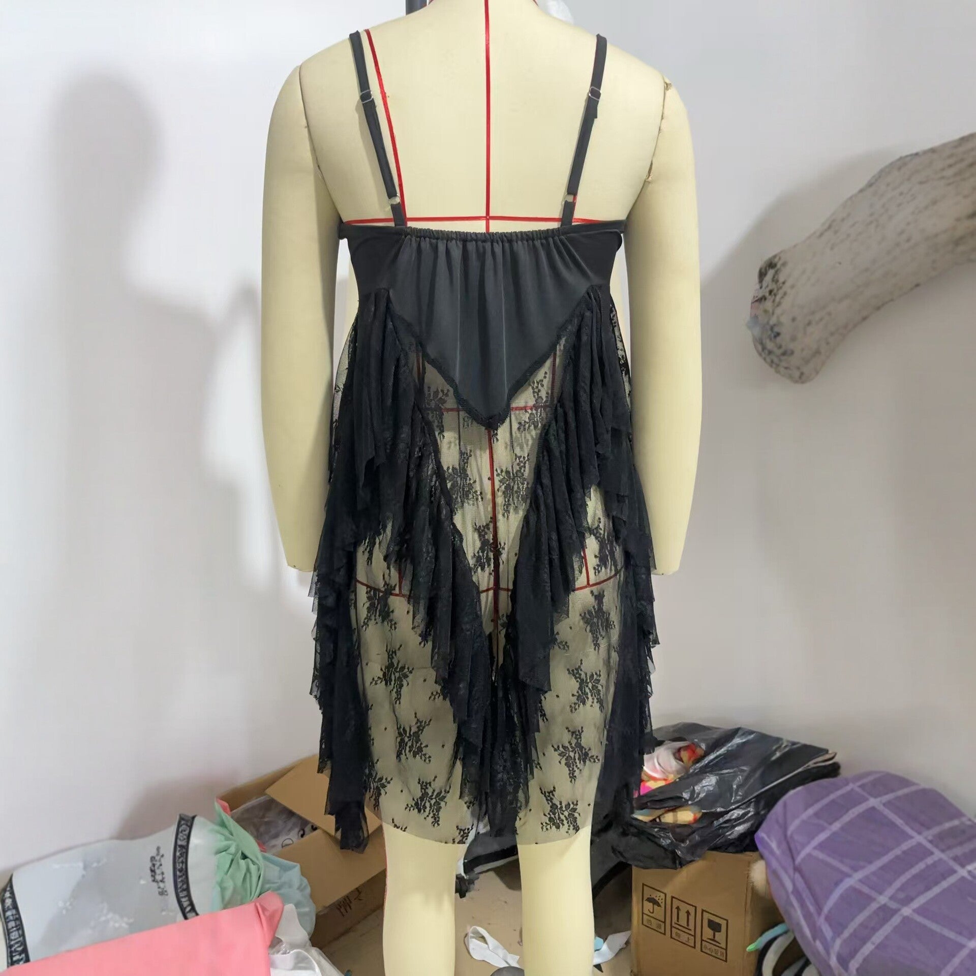 Fashionable Strapless Lace-Patchwork Black Dress