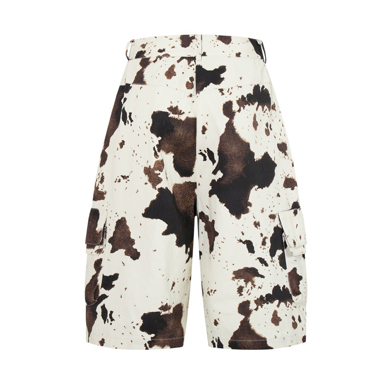 American-style Retro Cow-Motif Multi-Pocket Workshorts For Women