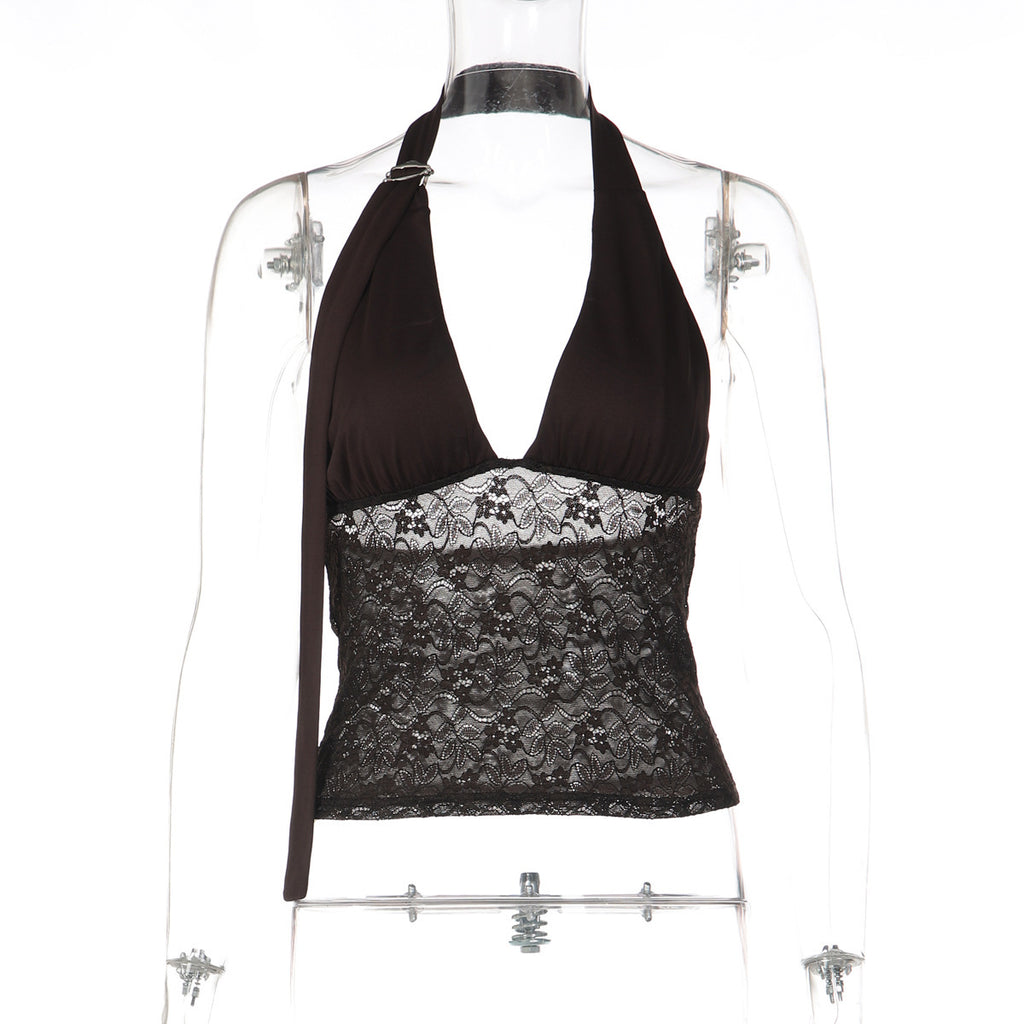 Women's Lace-spliced Deep V-neck Halter Top